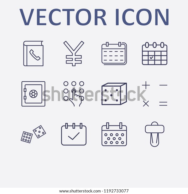 Outline 12\
number icon set. car shifter, pressing number, calendar check,\
dice, calendar and yen vector\
illustration