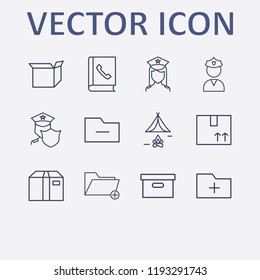 Outline 12 order icon set. box, telephone book, police, remove folder, tent and add folder vector illustration