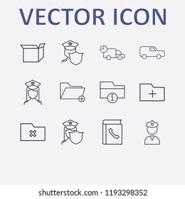 Outline 12 order icon set. telephone book, van, police, information folder, add folder and delivery vector illustration