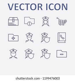 Outline 12 order icon set. add folder, police, remove folder, box, add to shopping cart and telephone book vector illustration