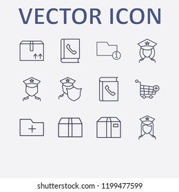 Outline 12 order icon set. add folder, add to shopping cart, information folder, box, telephone book and police vector illustration