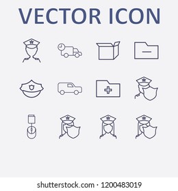 Outline 12 order icon set. delivery, van, police hat, add folder, online book order and remove folder vector illustration