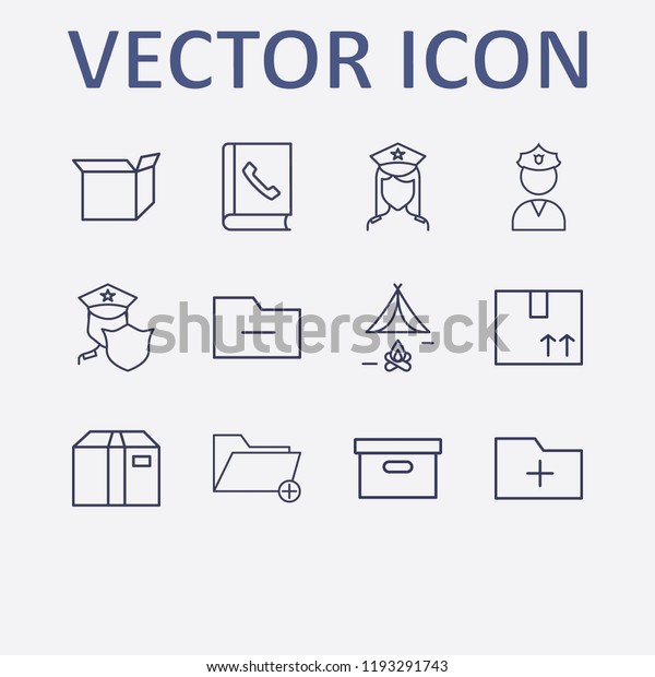 Outline 12 order icon\
set. box, telephone book, police, remove folder, tent and add\
folder vector\
illustration