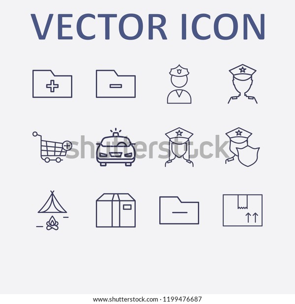 Outline 12\
order icon set. add to shopping cart, police, box, add folder,\
remove folder and tent vector\
illustration