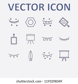 Outline 12 pine icon set. board, nut, surfing board, garlands, kitchen board and garland vector illustration