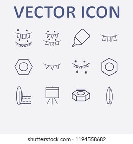 Outline 12 pine icon set. kitchen board, board, garlands, surfing board, garland and nut vector illustration