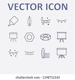 Outline 12 pine icon set. board, garlands, kitchen board, surfing board, nut and garland vector illustration