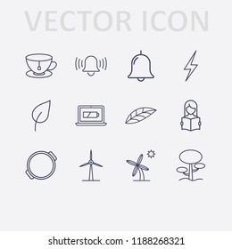 Outline 12 plant icon set. leaf, tea cup, palm, energy, laptop energy, read the book, bell, windmill, pot and tree vector illustration