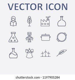 Outline 12 plant icon set. flask, robot, pot, read the book, windmill and tree vector illustration