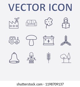 Outline 12 plant icon set. eco factory, robot, tree, bell, accumulator and holly berry leaves vector illustration