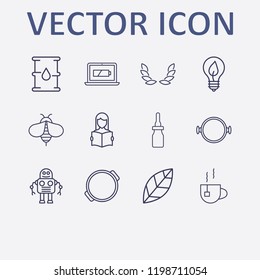 Outline 12 plant icon set. barrel oil, read the book, leaf, wheat, pipette bottle and pot vector illustration