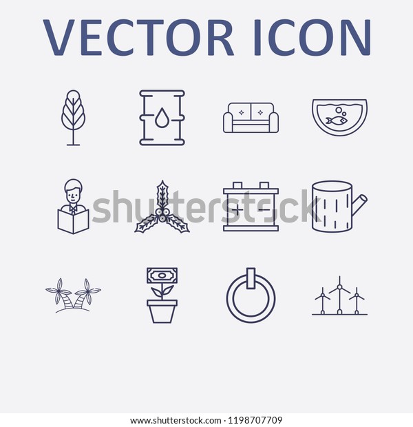 Outline 12\
plant icon set. holly berry leaves, aquarium, power, reading a\
book, barrel oil and palm vector\
illustration