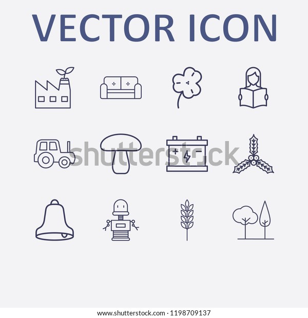 Outline 12 plant\
icon set. eco factory, robot, tree, bell, accumulator and holly\
berry leaves vector\
illustration