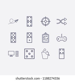 Outline 12 play icon set. aim, pc, dice, paper airplane, domino, joystick, pail, shuffling and clipboard with tactic vector illustration
