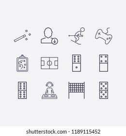 Outline 12 play icon set. domino, joystick, volleyball net, clipboard with tactic, skiing, dj, download user, magic stick and football field vector illustration