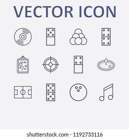 Outline 12 play icon set. melody, domino, clipboard with tactic, cd, bowling ball and football field vector illustration