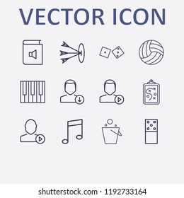 Outline 12 play icon set. user mediaplayer, dice, book sound, pail, piano keyboard and target vector illustration