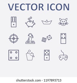 Outline 12 Play Icon Set. Dj, Paper Boat, Pig Bank, Joystick, Cat And Aim Vector Illustration