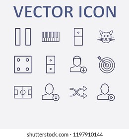 Outline 12 play icon set. target, football field, download user, dice, cat and user mediaplayer vector illustration
