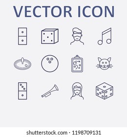 Outline 12 play icon set. melody, clipboard with tactic, cat, bowling ball, dice and virtual reality vector illustration