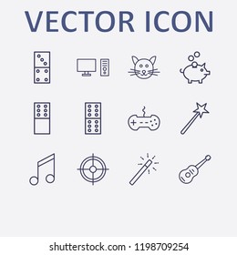 Outline 12 Play Icon Set. Halloween Magical Wand, Aim, Pig Bank, Joystick, Cat And Domino Vector Illustration