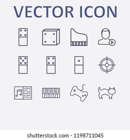 Outline 12 play icon set. piano keyboard, aim, piano, domino, dice and user play vector illustration