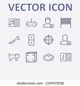 Outline 12 play icon set. volleyball net, trumpet, aim, domino, casino game and melody notebook vector illustration