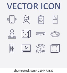 Outline 12 play icon set. clipboard with tactic, social campaign, phone vibrate, domino, media player and casino game vector illustration