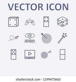 Outline 12 play icon set. media player, dice, domino, paper airplane, social campaign and joystick with hand vector illustration