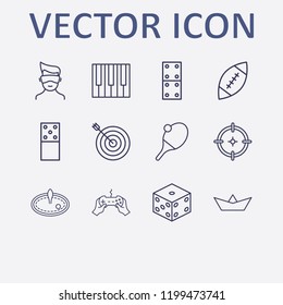 Outline 12 play icon set. casino game, table tennis, virtual reality, rugby, dice and joystick with hand vector illustration