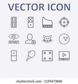 Outline 12 play icon set. aim, user mediaplayer, piano, table tennis, dice and social campaign vector illustration