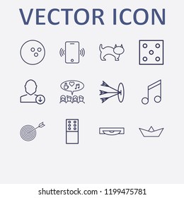 Outline 12 play icon set. domino, cat, download user, cd, target and melody vector illustration
