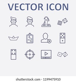Outline 12 play icon set. aim, media player, domino, paper boat, dice and dj vector illustration