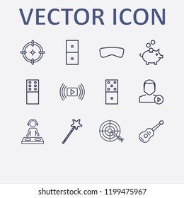 Outline 12 play icon set. guitar, pig bank, media player, aim, domino and halloween magical wand vector illustration