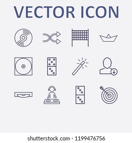 Outline 12 play icon set. download user, target, volleyball net, paper boat, dj and shuffling vector illustration
