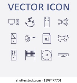 Outline 12 play icon set. target, cat, pig bank, book sound, cd and shuffling vector illustration