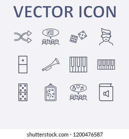 Outline 12 play icon set. domino, social campaign, piano keyboard, book sound, virtual reality and trumpet vector illustration