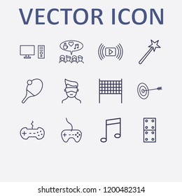 Outline 12 play icon set. pc, domino, virtual reality, volleyball net, media player and halloween magical wand vector illustration