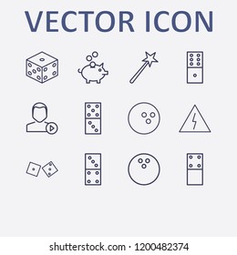 Outline 12 play icon set. halloween magical wand, pig bank, domino, dice, danger and bowling ball vector illustration