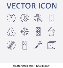 Outline 12 play icon set. domino, volleyball ball, bowling ball, halloween magical wand, aim and pail vector illustration