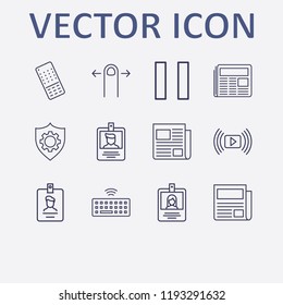 Outline 12 press icon set. keyboard wifi, pause, finger swipe, remote controller, newspaper and shield setting vector illustration