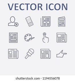 Outline 12 press icon set. newspaper, finger right, microphone, remote controller, user mediaplayer and palette vector illustration