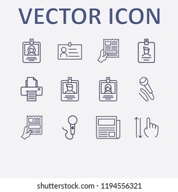 Outline 12 press icon set. newspaper, microphone, newspapers with hand, printer, id card and finger swipe vector illustration