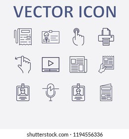 Outline 12 press icon set. media player, printer, id card, finger swipe, newspaper and finger click vector illustration