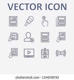Outline 12 press icon set. newspaper, newspapers with hand, id card, user mediaplayer, media player and finger click vector illustration
