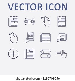 Outline 12 press icon set. finger swipe, newspaper, switch button, newspapers with hand, media player and add button vector illustration