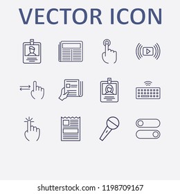 Outline 12 press icon set. click, id card, finger swipe, keyboard wifi, media player and finger click vector illustration