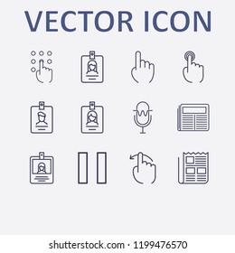 Outline 12 press icon set. microphone, finger click, pressing number, id card, pause and one finger vector illustration