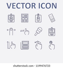 Outline 12 press icon set. remote controller, finger swipe, finger click, newspaper, microphone and id card vector illustration