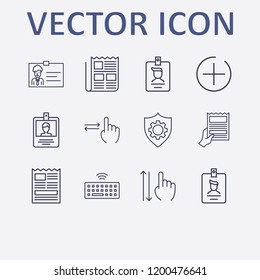Outline 12 press icon set. keyboard wifi, newspaper, add button, id card, newspapers with hand and shield setting vector illustration